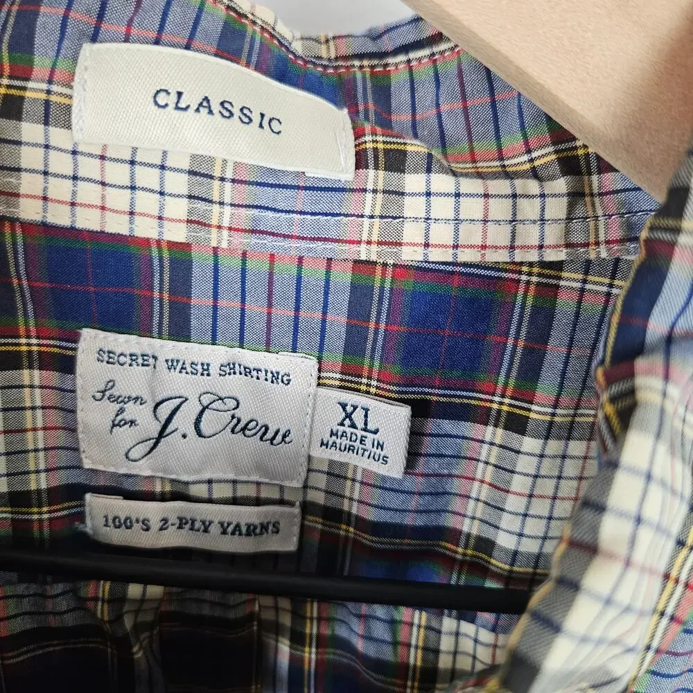 J.Crew Secret Wash Plaid Long Sleeve Button Down Shirt XL Blue Ivory Classic Fit
